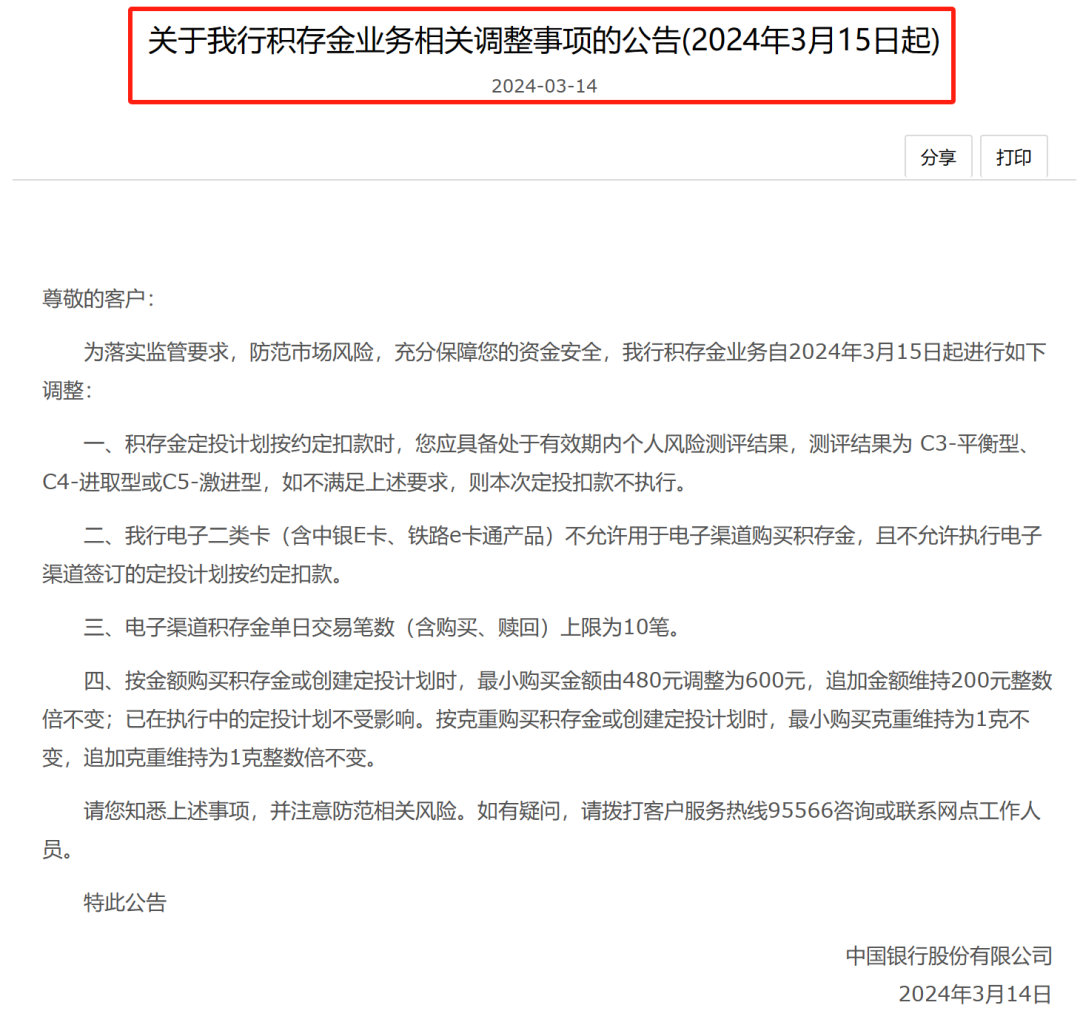 银行积存金起购金额上调_银行买基金 手续费_黄金定投业务风险